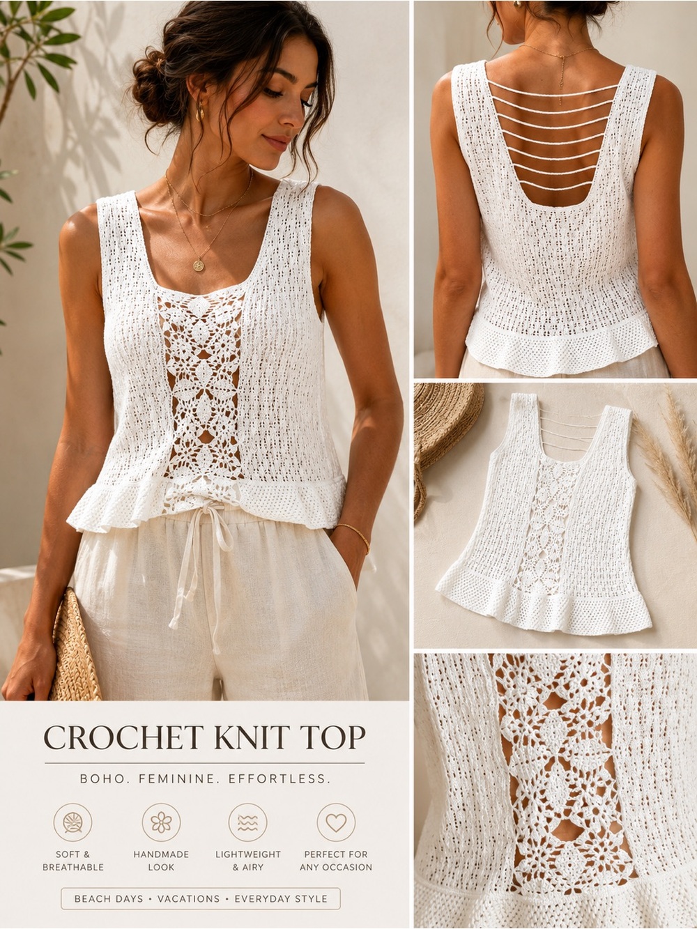 Handmade organic cotton crochet knit tank top